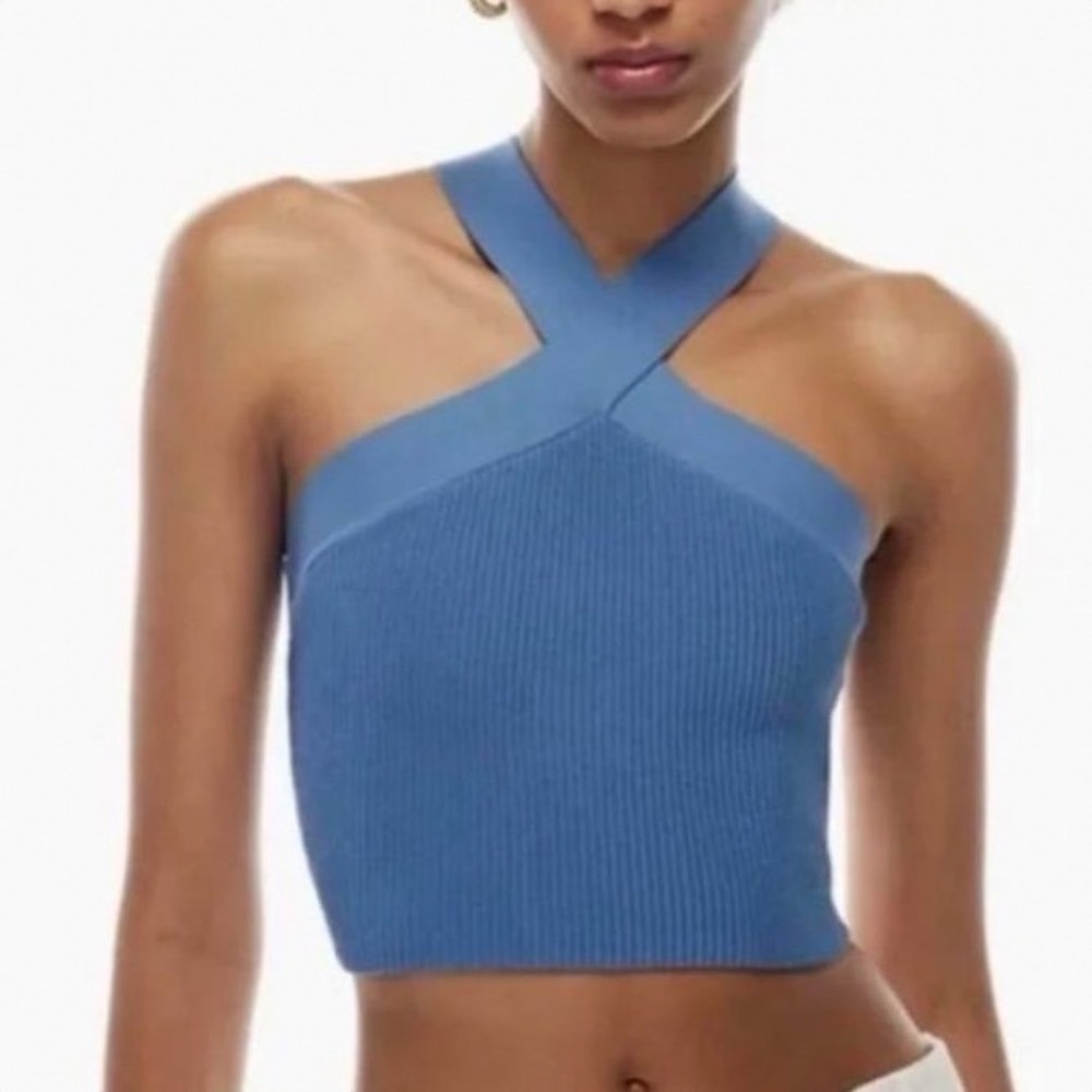 Babaton‎ Sculpt Knit Criss Cross Halter Top Blue Medium Aritzia Cropped Tank